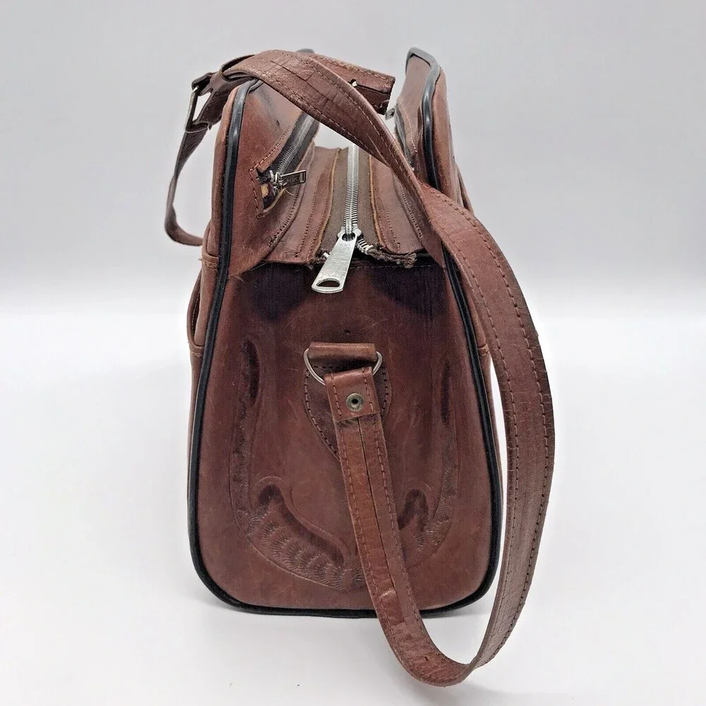 Vintage 60s Artisan Hand Tooled Carved Leather Rose & Indian Shoulder Bag Mexico